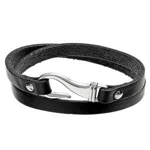 🆕️ Genuine Leather Stainless Steel Hook Wrap Bracelet Black
